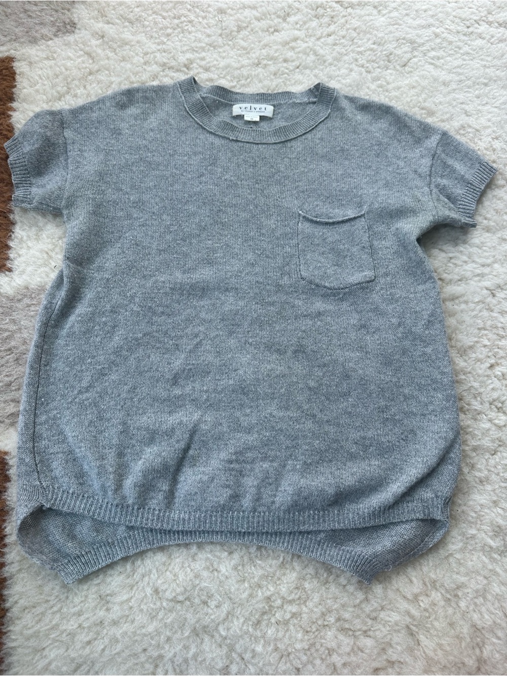 Velvet Heather Gray Short Sleeve 100% Cashmere Pocket Knit Sweater